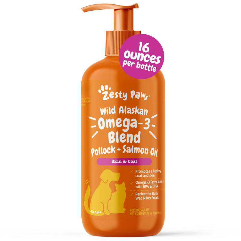 Zesty Paws Wild Alaskan Omega-3 Blend Pollock + Salmon Oil for Dogs and Cats- Skin and Coat Support, Omega 3 Supplement for Pets, 16oz 16 Fl Oz