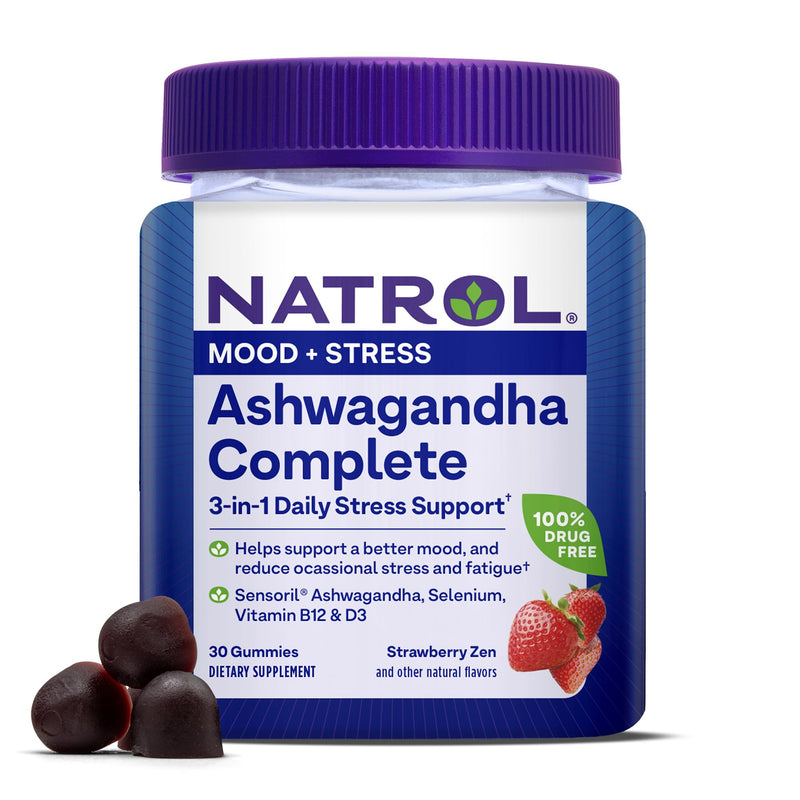 Natrol Ashwagandha Complete Gummy, 3-in-1 Daily Stress Support, Supports Better Mood, Reduces Occasional Stress and Fatigue, 30 Gummies, Up to a 15 Day Supply