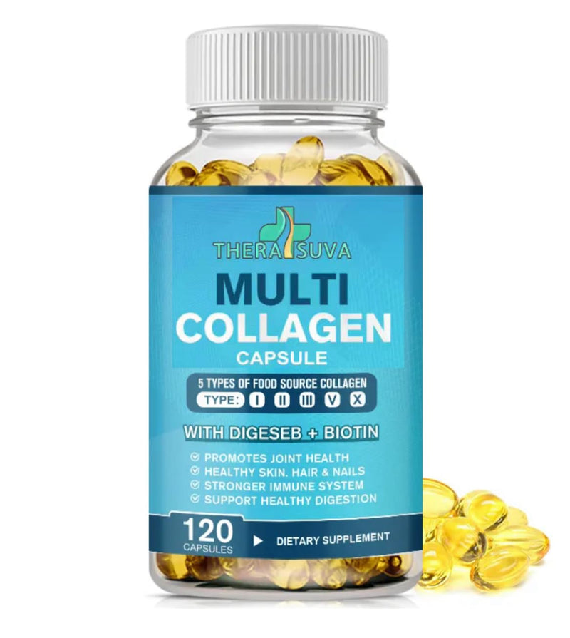 TheraSuva Multi-Collagen Complex + Biotin + Vitamin C – Types I, II, III, V & X – Natural Supplement for Hair, Skin, Nails & Mobility Support, 2 Month Supply, 120 Softgels