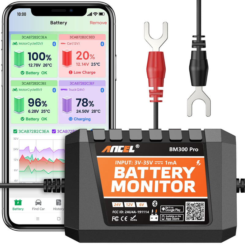 ANCEL BM300 Pro Battery Monitor - 6V/12V/24V Universal with Bluetooth 5.3 & Reinforced Design, Charging & Cranking Tests, Real-Time Alerts for Lead-Acid & Lithium Batteries in RV, Truck, Marine & More Orange
