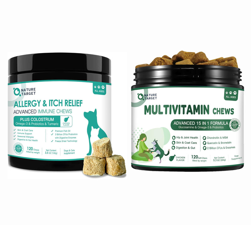 NATURE TARGET Dog Allergy Relief Freeze Dried Chews, with Probiotics, Colostrum for Immune Health - with MSM & Glucosamine, Omegas 3 & 6, Probiotics for Digestive Health