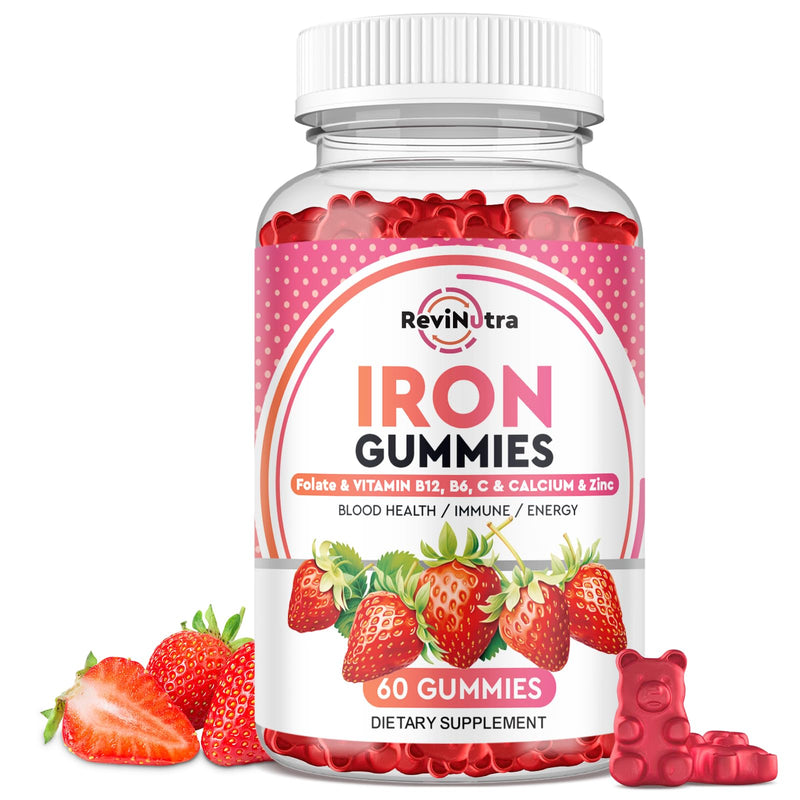 Iron Gummies - with Calcium, Zinc, Folate & Vitamin B12, C,B6 for Adults & Kids - Blood Builder & Energy Support for Iron Deficiency, Anemia, Vegan - 60 Gummies Strawberry 60 Count (Pack of 1) - BeesActive Australia
