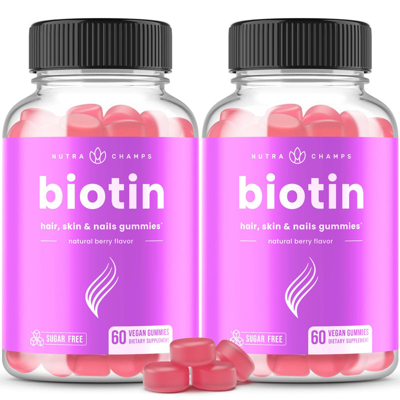 NutraChamps Sugar Free Biotin Gummies 10000mcg [High Potency] - Healthy Hair, Skin & Nails for Women, Men & Kids - 5000mcg in Each Gummy - Vegan Hair Health Vitamins Supplement - Raspberry (2-Pack) 60 Count (Pack of 2)