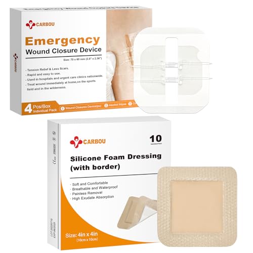 Carbou 4 Pcs Zip Sutures Wound Closure Device + 10 Pcs Silicone Foam Dressing with Gentle Border 4"x4"