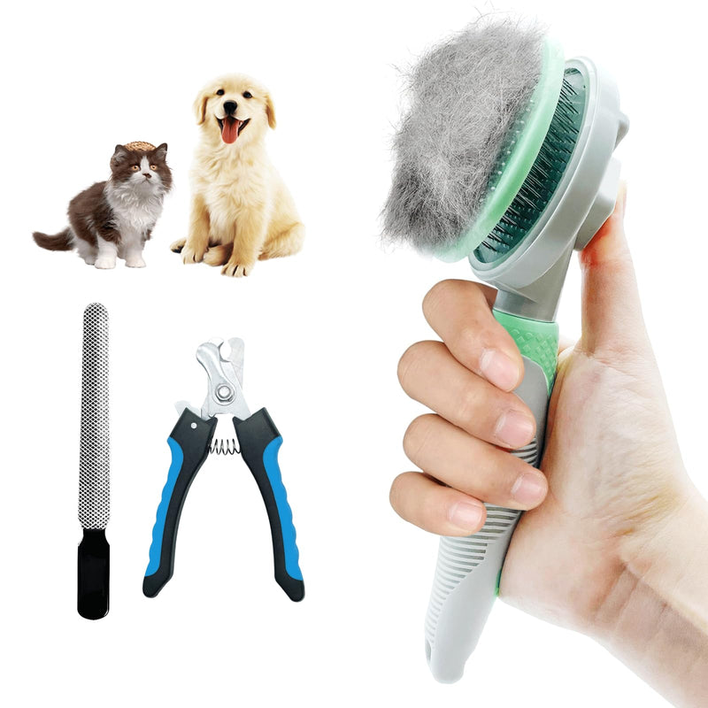 3PCS Cat Grooming Kit,Cat Brushes for indoor Cats with Cat Nail Clipper & Nail File,Self Cleaning Slicker Brush for Dogs & Cats(Green) GREEN - BeesActive Australia
