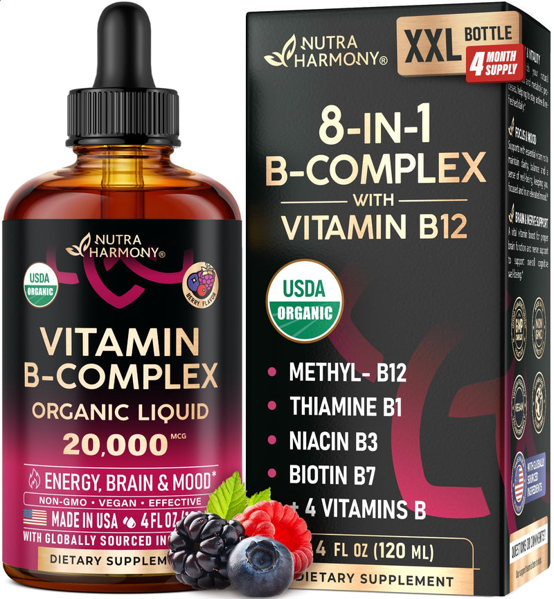USDA Organic Vitamin B-Complex 20000mcg - B5, B12, B1, B6, B7, B9, B3 - 4Oz | B Complex Liquid Drops - Pantothenic Acid, Methylcobalamin, Thiamine, Pyridoxine, Biotin, Folic, Niacinamide - Berry Flavor B-Complex 4oz