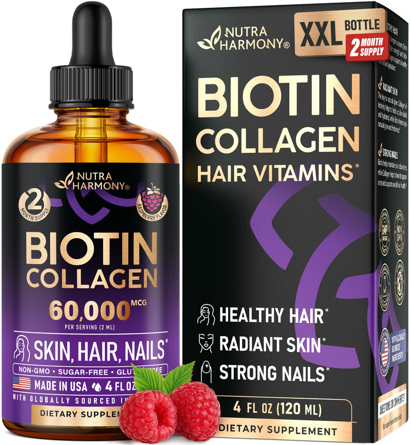 Liquid Biotin & Collagen 60,000mcg - Biotin for Hair Growth Support - 4 Oz | Liquid Collagen Supplement & Biotin - Extra Strength Drops for Women & Men - Strong Nails & Healthy Skin - Raspberry Flavor 4 Fl Oz (Pack of 1)