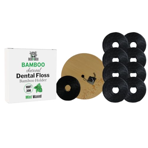 Charcoal Dental Floss with Bamboo Holder and 8 Pack Refill