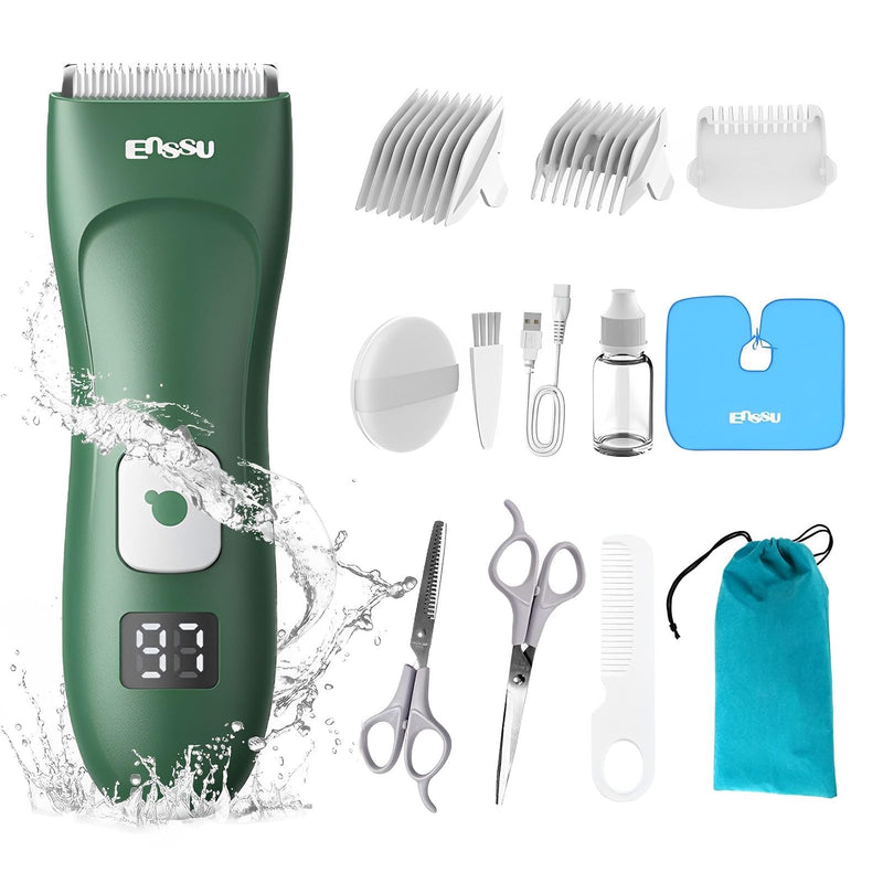 Baby Hair Clippers for Beginners - 13 Pieces Professional Baby Hair Cutting Kit, Silent Hair Clippers Autism with IPX7 Waterproof, Safe Ceramic Blades and LCD Display for Babies & Children & Adults Emerald - BeesActive Australia