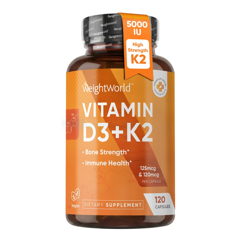 WeightWorld Vitamin D3 K2 5000IU Capsules for Bone Strength, Teeth, Immune Health & Maximum Calcium Absorption - 120 Ct - K2 D3 Vitamin Supplements - Vegan D3 and K2 Supplements, Non-GMO, Gluten-Free Vitamin D3K2 5000IU capsules