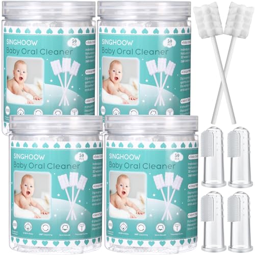 200 Pcs Baby Oral Tongue Cleaner with 4 Finger Toothbrush, Blue