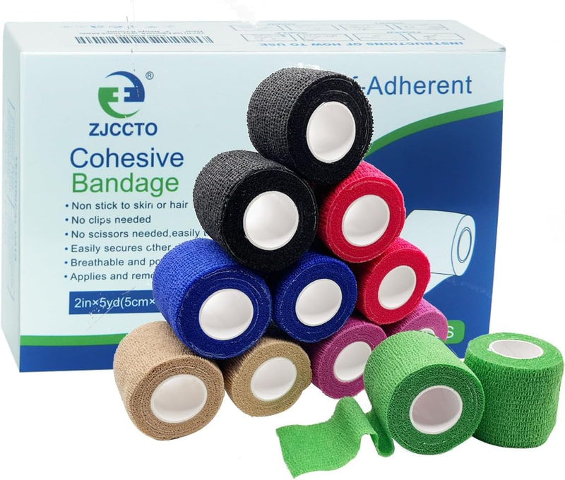 Self Adherent Bandage Wrap - 12 Counts 2’’ x 5 Yards, Medical Tape Vet Wrap for People and Pets, Non Woven Cohesive Bandage for Ankle Sprains & Swelling, Sports Injury, Stretch Athletic 12 Count (Pack of 1) Multi Colors - BeesActive Australia
