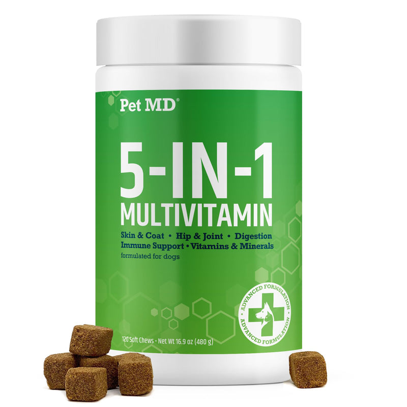 Pet MD 5in1 Dog Multivitamin - 30 Essential Vitamins, Minerals & Nutrients for Skin & Coat, Hip & Joint, Digestion, Senior Dog & Puppy Vitamins - Glucosamine, Omega 3 6 9, & Probiotics - 60ct 60 ct