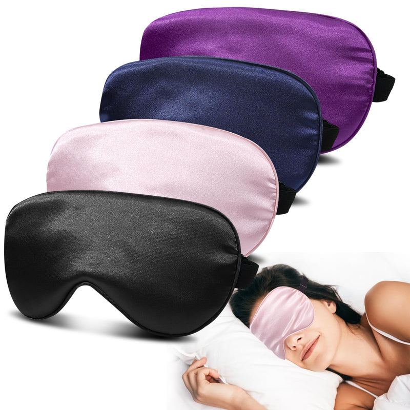 4 Pack Silk Sleep Mask - 100% Blackout, Zero Eye Pressure, Blindfold with Adjustable Strap, Super Soft Travel Eye Covers (Black, Pink, Blue, Purple) 001 Black&pink&blue&purple - BeesActive Australia