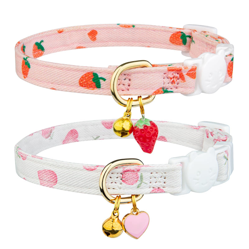 2 Pack Cotton Breakaway Cat Collar,Pink Strawberries and White Heart Shaped Pendant Kitten Collar Cute Cat Collar with Bell,Ideal for Girl Cats Boy Cats Pink&White - BeesActive Australia