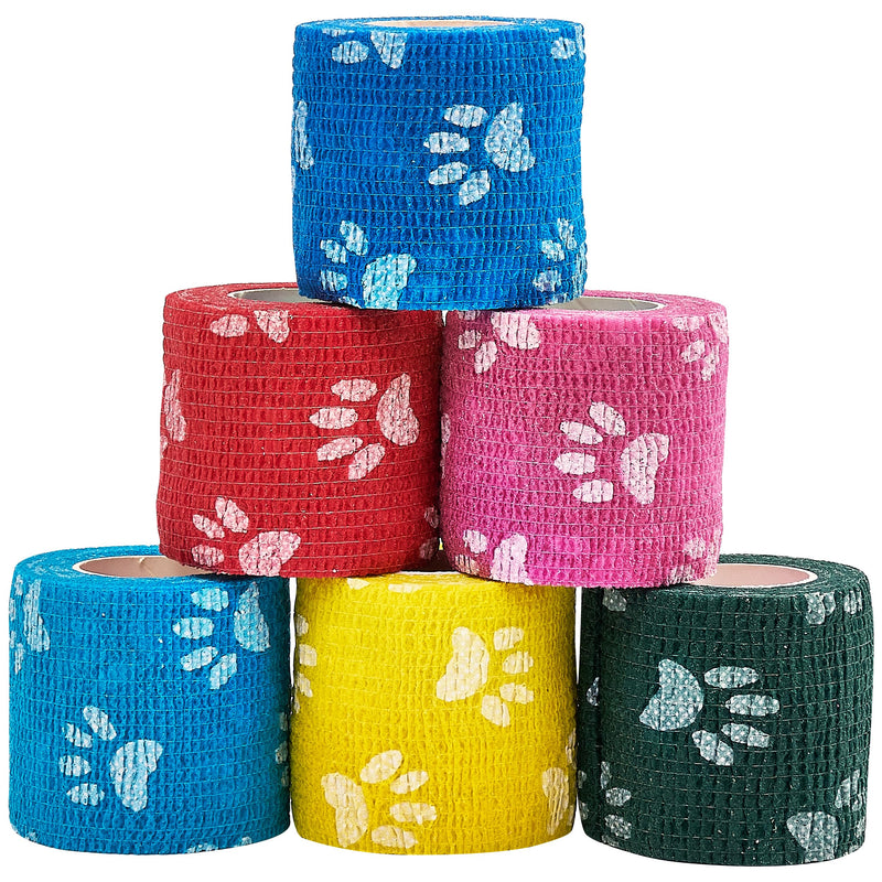 6 Rolls Self-Adhesive Bandage Wrap Non-Woven Vet Wrap Cohesive 2Inchx5yard for Dogs Cats Horse Leg Paw Pet Animals Wounds Wrist Healing Sprains & Swelling 6Rolls 2Inchx5yard Paw Print - BeesActive Australia