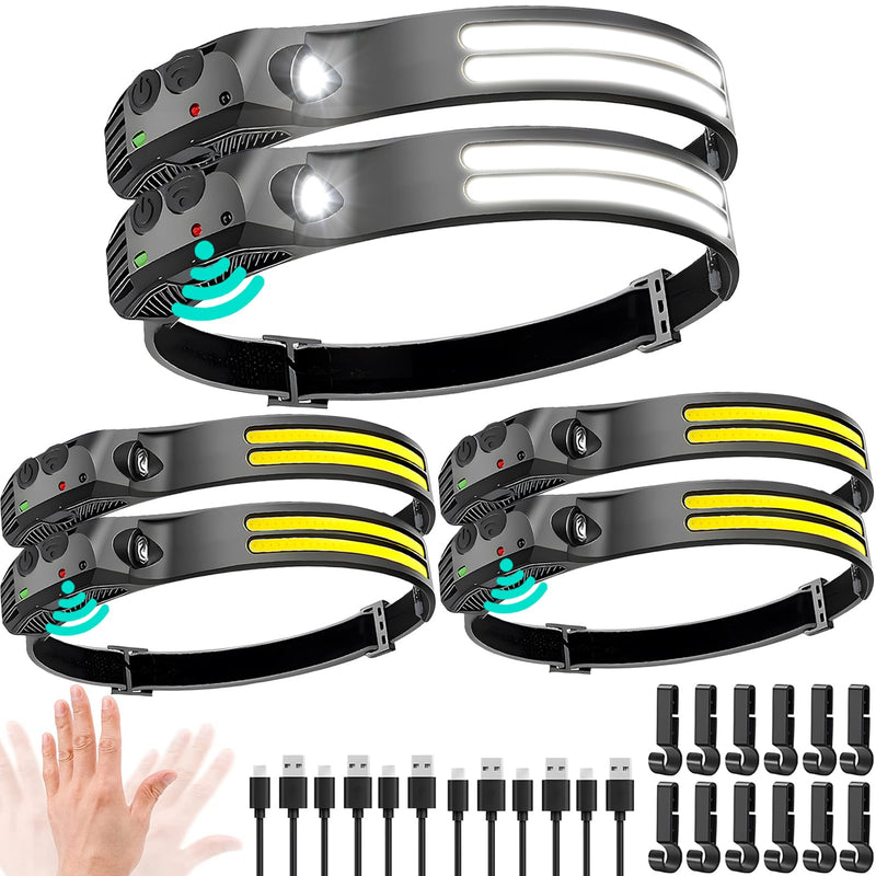 LED Headlamp Rechargeable 6PCS - 230° COB Super Bright Head Lights for Forehead, Hard hat Light for Adults, USB C Headband Flashlight for Work, Hiking, Running, Camping Essentials Gear Black 6 Pack - New Upgrade II Dual-Led Strip