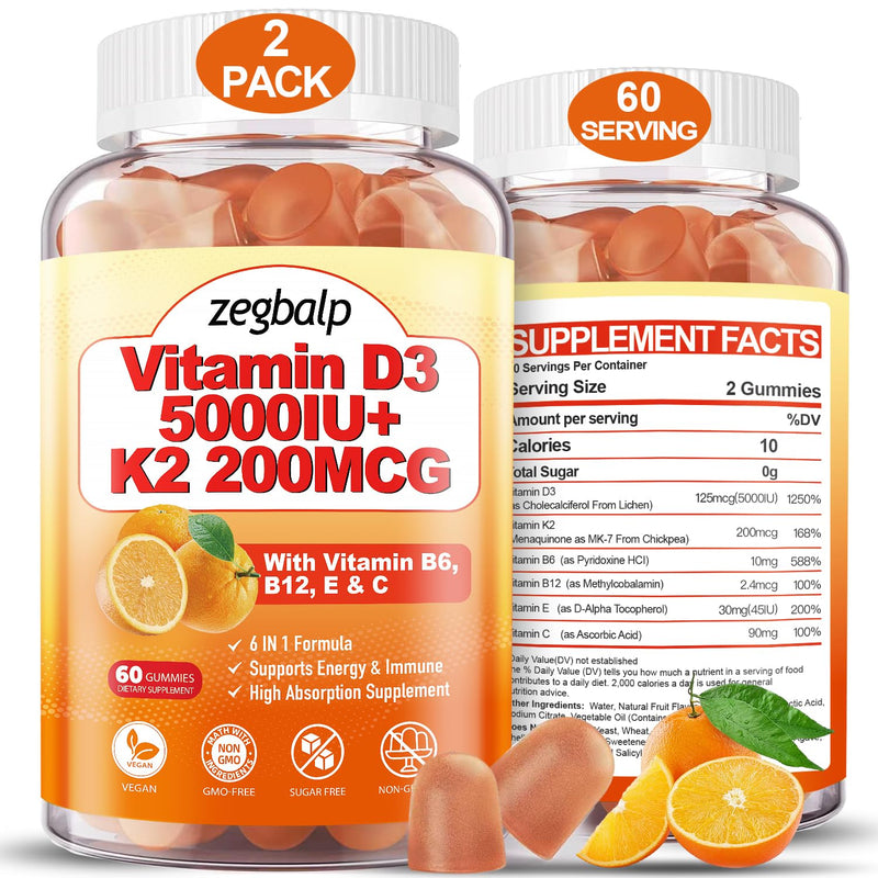 Vitamin D3 K2 Gummies for Adults - Vitamin D3 5000IU & K2(MK-7) 200mcg | Vitamin D3 Supplement with Vitamins B Complex, Vitamins C E for Women and Men - Vegan, Gluten Free, 2Packs 120 Count