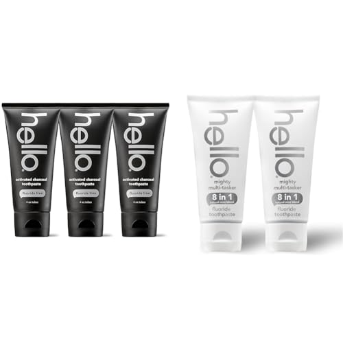 Hello Activated Charcoal Toothpaste, Fluoride Free with Activated Charcoal & Mighty Multitasker Fluoride Toothpaste, 8-in-1 Toothpaste with Minty Flavor, Anticavity