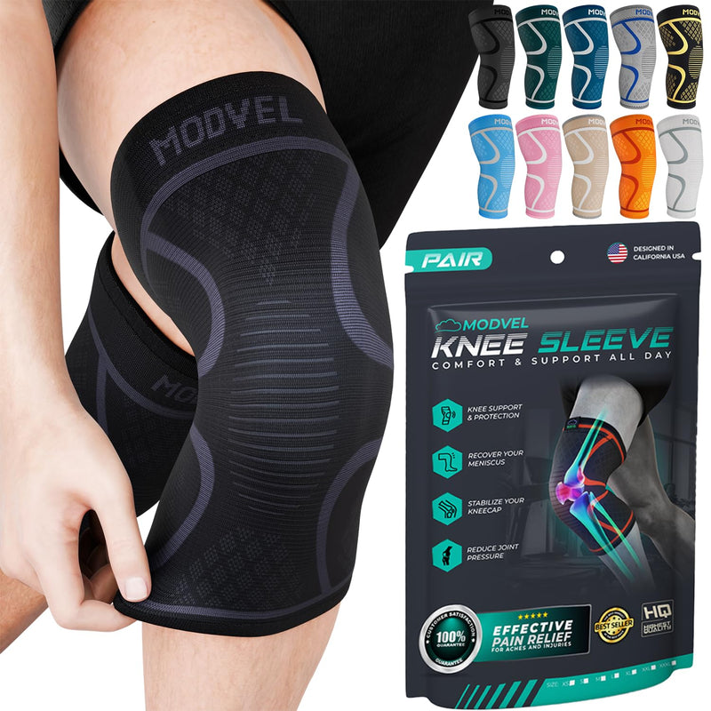 Modvel 2 Pack Knee Brace for Women & Men - Workout Knees Compression Sleeve for Knee Pain Relief Joint Support for ACL, Arthritis, Meniscus Tear Knees Brace for Sports, Rodilleras para Gym Fitness Small Black