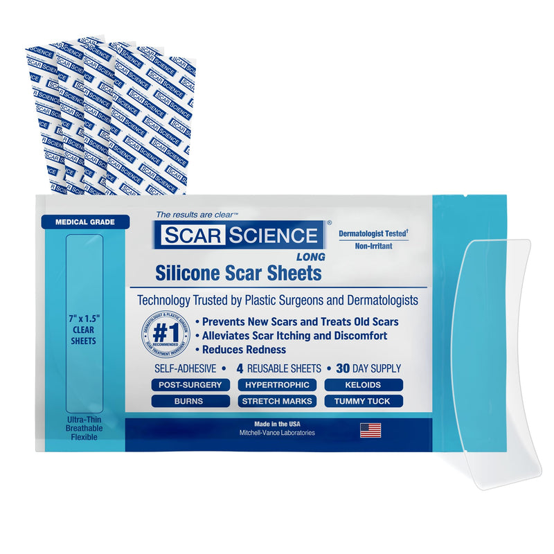 Medical Grade Silicone Scar Sheets - 7" Reusable Water-Resistant Silicone Tape for Scars - Clear Breathable Tape for C-Section, Tummy Tuck, Surgical Scars, and Keloids - 4-Pack 7" – 4 Pack – 30 Day - BeesActive Australia