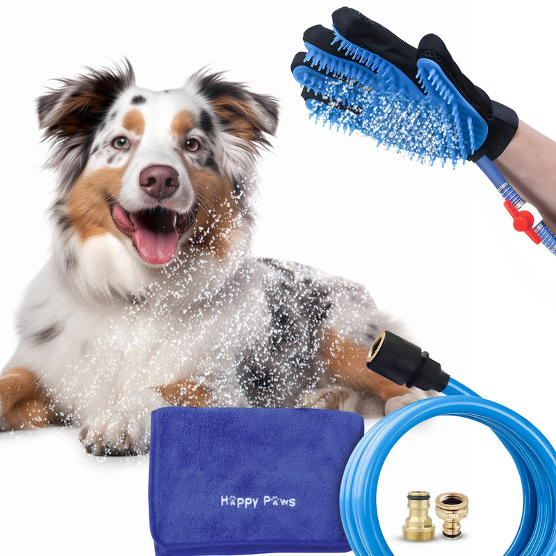 Dog Shower Attachment Glove | Pet Washing Brush Sprayer Bath Scrubber with Dog Towel | Outdoor and Indoor Bathing Hose Nozzle Grooming Mitt | Portable Wash Scrub Water Shower Spray | Blue - BeesActive Australia