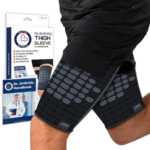 Dr. Arthritis Doctor-Developed Thigh Compression Sleeve, Breathable Hamstring Compression Sleeve for Quad & Groin Support, Thigh Wraps for Injuries, Strains & More (1 PR, Large, BLK) Black