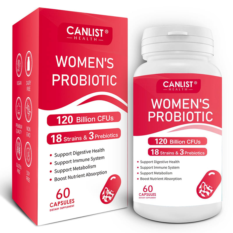 CANLIST Women's Probiotics 120 Billion CFUs 18 Strains 3 Prebiotics & Digestive Enzymes Contains Organic Prebiotic Cranberry Women's Health Digestive & Immune Support Non-GMO, 60 Capsules 60 Count (Pack of 1)