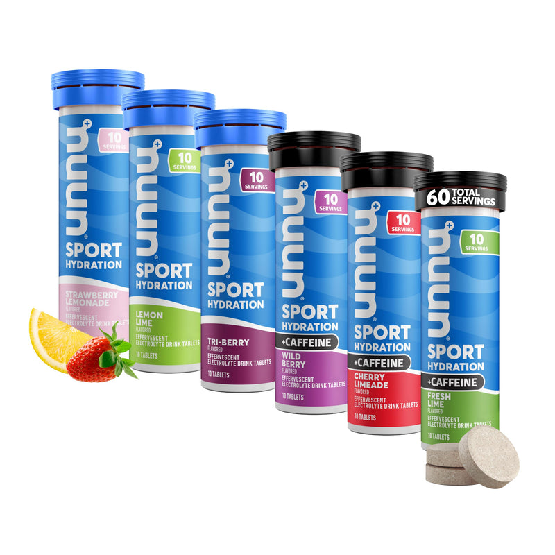 Nuun Sport + Caffeine Electrolyte Tablets Variety Pack, Non-GMO, 6 Pack | Dissolvable in Water, 60 Servings with 5 Essential Electrolytes for Hydration, 1g Sugar Drink Mix, Vegan, Non-GMO 60 Count (Pack of 1)