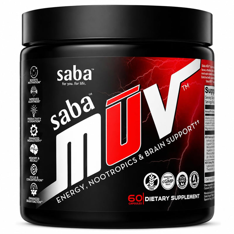 Saba MUV™ Nootropic Brain Supplement for Memory, Focus & Energy | Phosphatidylserine, VegiSurge®, Alpha GPC, Vitamins B6, B12 & Folic Acid | Mental Clarity & Brain Health Support | 60 Capsules