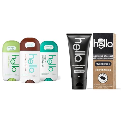 hello Deodorant Variety Pack (Sweet Coconut, Fresh Citrus, White Sage) & Activated Charcoal Epic Whitening Fluoride Free Toothpaste, Fresh Mint + Coconut Oil, Vegan & SLS Free