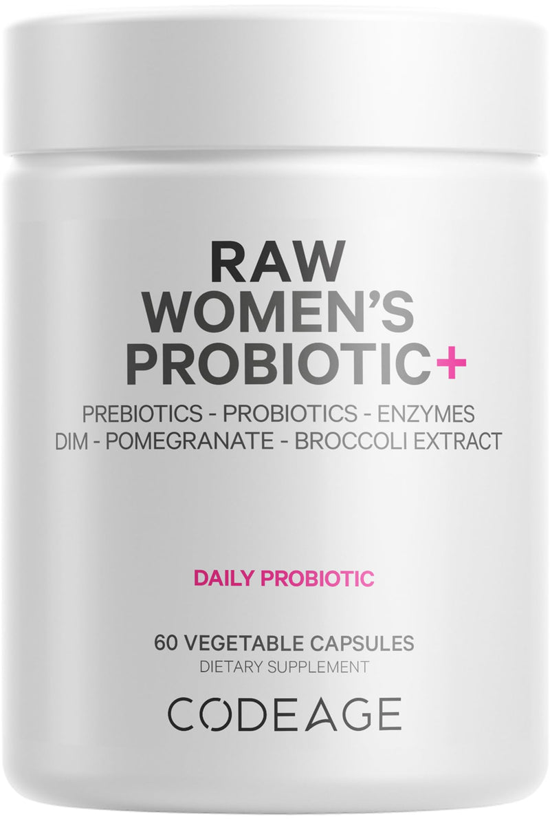 Codeage Raw Women’s Probiotic+ Supplement - 34 Probiotic Strains, 100 Billion CFUs, Digestive Enzymes, Prebiotic Blend, DIM, Herbal Extracts, Phytonutrients - Non-GMO - 60 Capsules