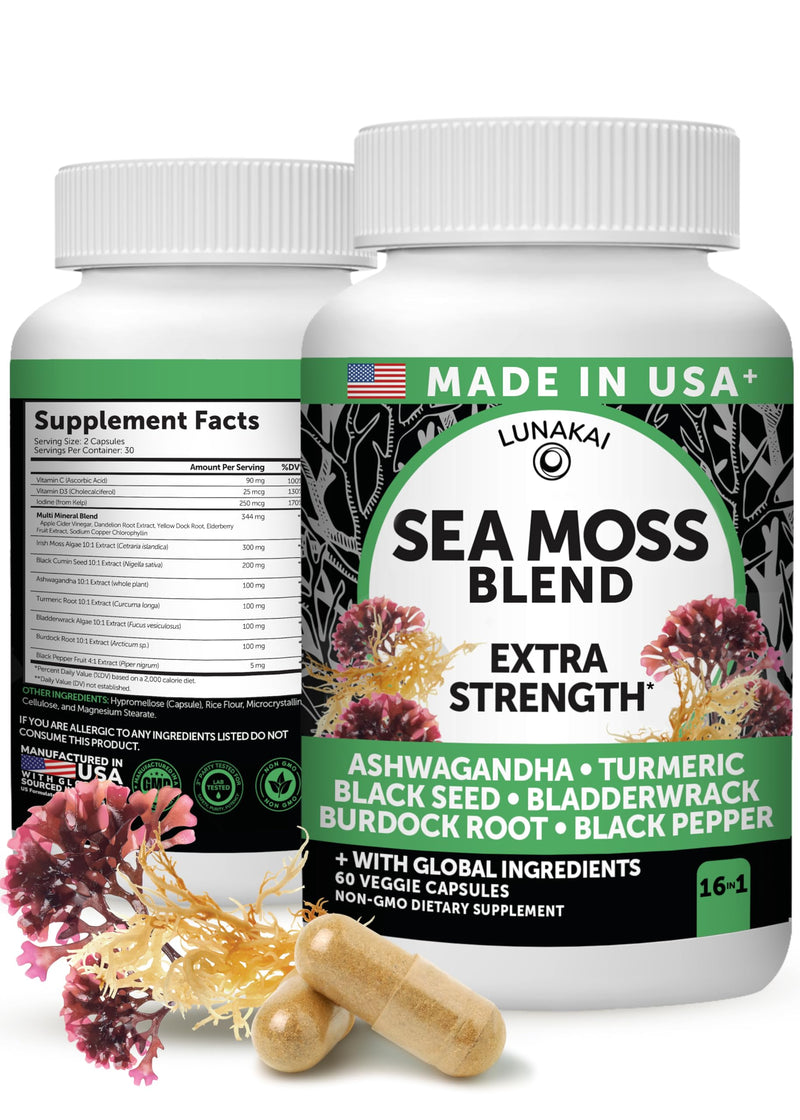 Lunakai USA Made Irish Sea Moss Capsules with Black Seed Oil, Ashwagandha, Burdock Root & Bladderwrack, 60ct