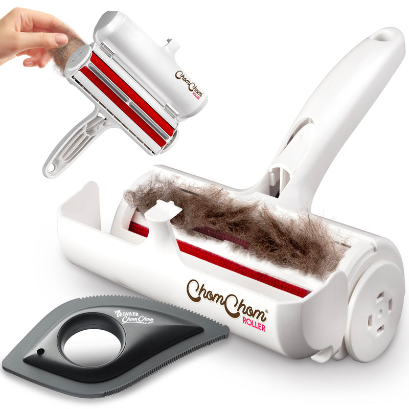 ChomChom Roller & Detailer Bundle - Pet Hair Remover and Reusable Lint Roller - ChomChom Cat and Dog Hair Remover for Furniture, Couch, Carpet, Clothing and Bedding - Multi-Surface Fur Removal Tool Black Detailer - BeesActive Australia