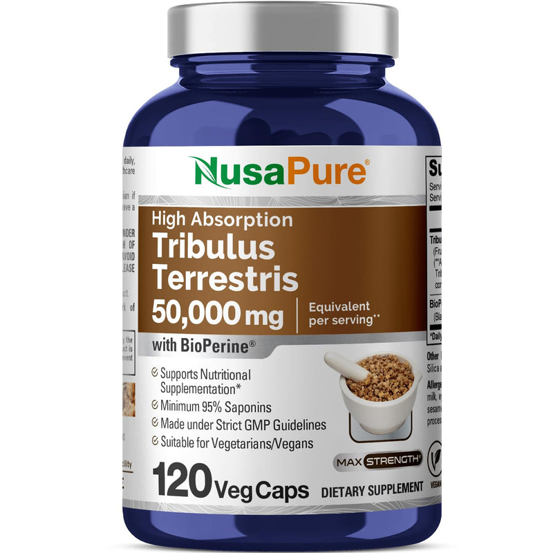 NusaPure Tribulus Terrestris 50:1 Extract, 1000 mg Equivalent to 50,000mg| 120 Veggie Caps | 95% Steroidal Saponins | Non-GMO, Bioperine 120 Count (Pack of 1)
