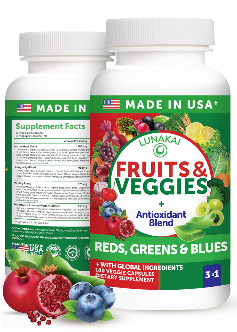 Lunakai USA Made Fruits & Veggies Supplement with 4 Superfood Blends, 180ct | Daily Greens & Reds Capsules with Antioxidants and Plant-Based Nutrients to Support Digestive & Immune Wellness 180 Count (Pack of 1) Superfood Fruits Capsules