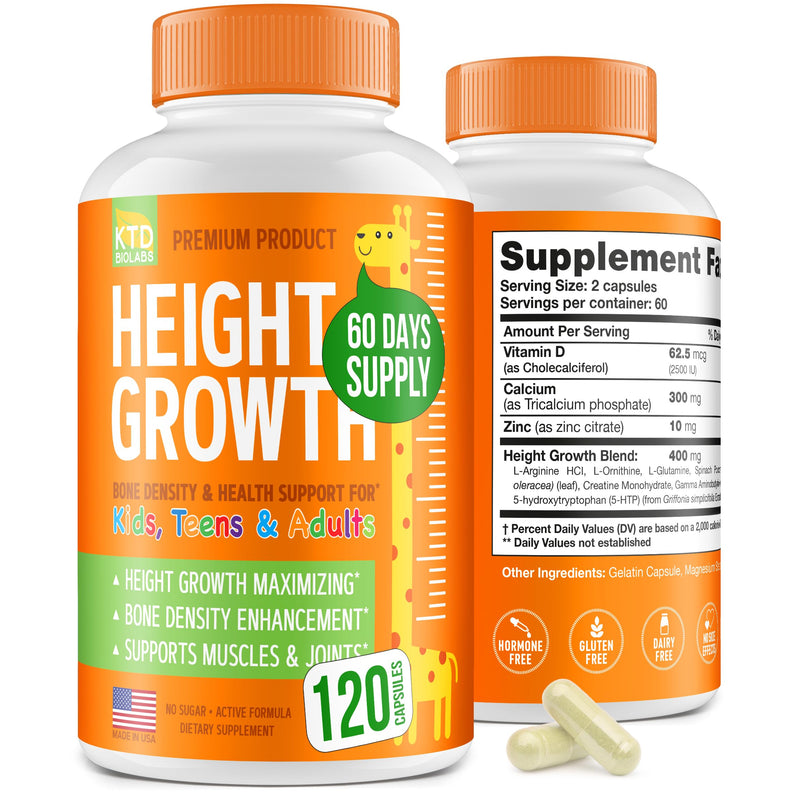 Kids Height Growth Support Capsules – Extended Supply Development Formula with Calcium, Vitamin D3 & Zinc – Bone & Nutrition Support for Kids & Teens – Amino Blend – 120 Capsules 120 Count (Pack of 1)