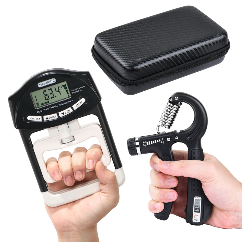 Electronic Grip Strength Tester Set With Adjustable Hand Gripper, Hand Dynamometer, Protection Case – Precision Training for Rehab, Fitness, and Home Gym Black with Strengthener & case