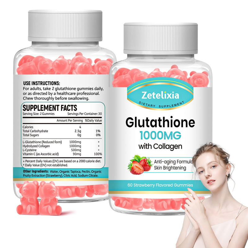 2 Pack Glutathione Collagen Gummies, Collagen Gummies with Vitamin C, Glutathione Supplement for Women, Hair Skin Nails Muscle & Joint, Anti-Aging, Vegan, Sugar Free, Strawberry Flavor, 120 Count Glutathione Strawberry 60 Count (Pack of 2)