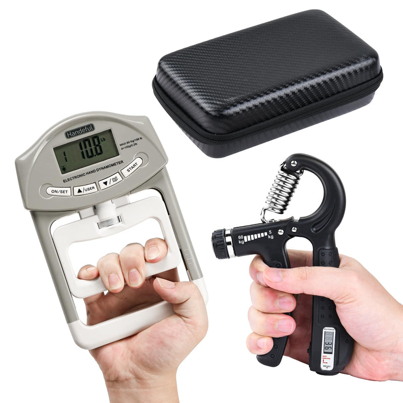 Handeful Grip Strength Tester Trainer - Dynamometer Handgrip Measurer Meter, Handheld Strengthener Exerciser for Sports, School, and Home Use gray with case - BeesActive Australia