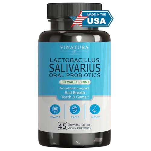 VINATURA Lactobacillus Salivarius Oral Probiotics - Mouth Bad Breath Treatment for Adults, Dental probiotics for Teeth and Gums, Throat, Ear, Nose - 45 Chewable Mint Tablets