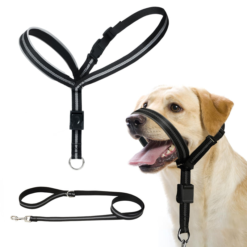 BARKLESS Dog Head Collar, Reflective Head Halter for Small Medium Large Dogs with Soft Padding, No Pull Mouth Harness with Training Leash, Adjustable Muzzle Leash for Gentle Walking M (Snout 9½-12½ '') Black - BeesActive Australia