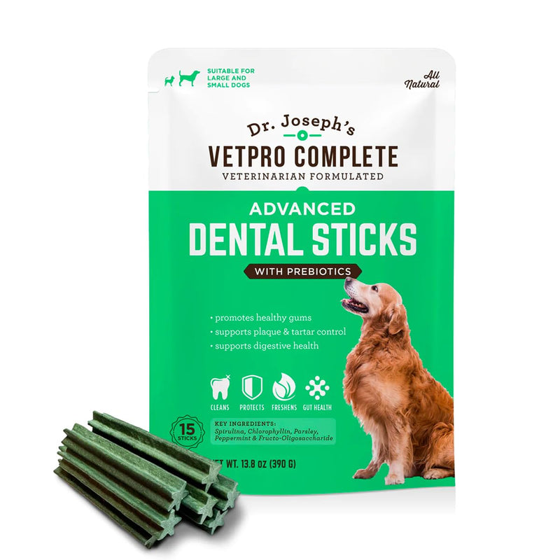 Vetpro Complete Advanced Dental Sticks with Prebiotics, 15 Sticks, Cleans Teeth, Freshens Bad Breath, and Supports Gut Health, Target Tartar and Plaque Build Up, Veterinarian Formulated - PawsPlanet Australia