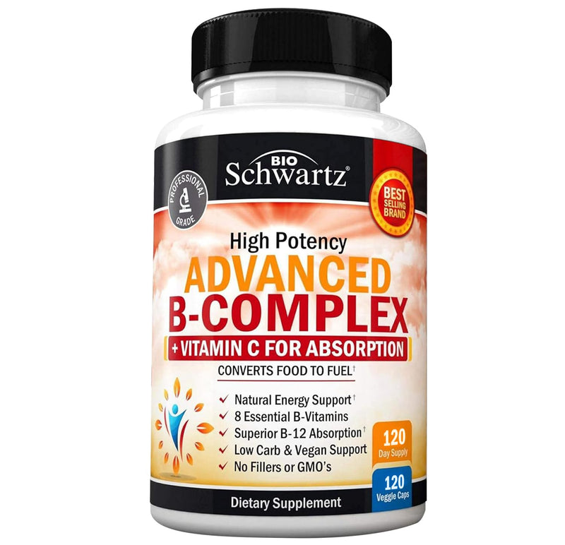 Vitamin B Complex with Vitamin C for Maximum Absorption, 120 Capsules | Methylcobalamin b12 & Folate Folic Acid Supplement - B1 B2 B3 B5 B6 B7 B9 for Energy, Immune & Nervous System Support 120 Count (Pack of 1)