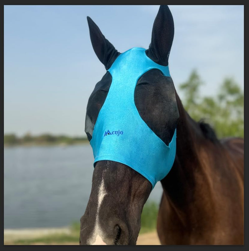 Azure Blue Menjo Outdoors Elastic Horse Fly Mask with Ears, Cobs/Arabians/Small Headed Horses Azure Blue - BeesActive Australia