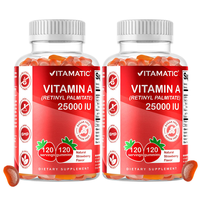 Vitamatic Sugar Free Vitamin A 25000 IU Gummies (Retinyl Palmitate) - Natural Strawberry Flavor - 120 Pectin Based Gummies (2 Bottles) | Sugar Free, High Potency Vitamin A Support, Natural Strawberry Flavor, Pectin Based, Non GMO, Gluten Free