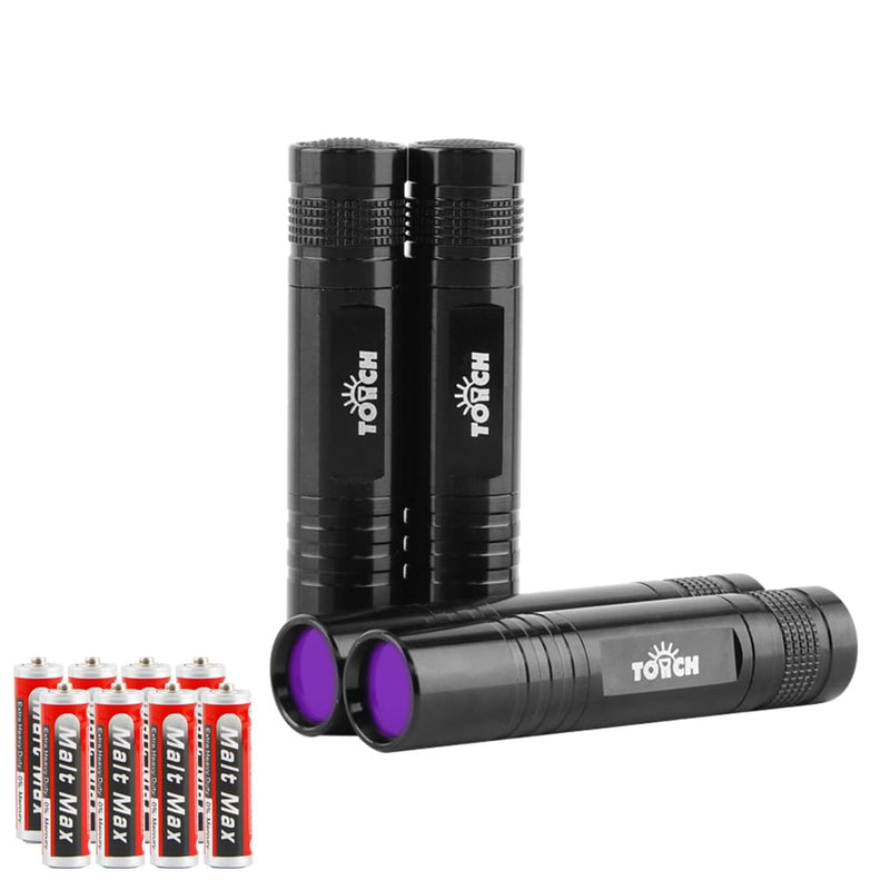 TOCH 4 Pcs UV Flashlight Black Light 365nm Small UV Light Flashlight LED Portable Ultraviolet Blacklight Torch Light Pet Urine Detector for Dog/Cat Urine Dry Stains Resin Curing（8*AA Battery Include） - BeesActive Australia