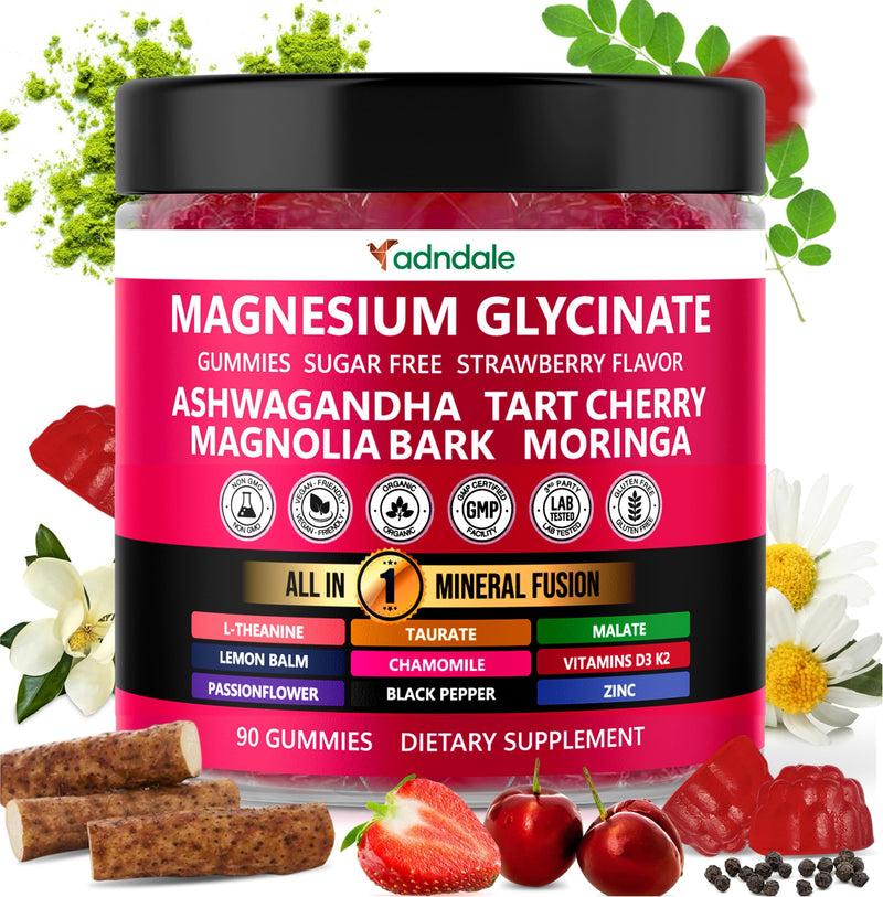 Adndale Magnesium Glycinate 400 mg Gummies with Ashwagandha, Magnesium Malate & Taurate, Tart Cherry, Magnolia Bark, Lemon Balm, Passionflower, Chamomile, L-Theanine, Zinc, Vitamin K2 & D3. 90CT Strawberry 90 Count (Pack of 1)