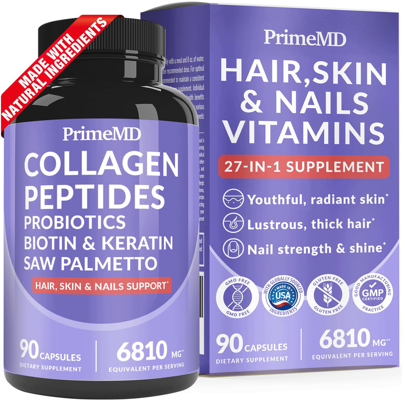 27-in-1 Hair Skin and Nails Vitamins (6810mg) with Biotin 10000mcg - Collagen Supplements for Men and Women - Keratin Supplements with Probiotics and Saw Palmetto, 90ct | Hair, Skin and Nails Support, Biotin, Collagen and Keratin with Saw Palmetto, Bea...