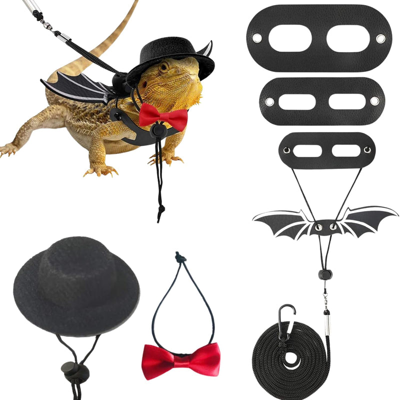 Bearded Dragon Leash Harness, 3 Size Pack Leather Wing Lizard Harness with Hat & Bow Tie Collar for Bearded Dragon Lizard Reptiles Small Pets Photo Props (Black) Black - BeesActive Australia